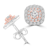 Round Diamond White and Rose Gold Cluster Double Halo Stud Earrings in Two-Tone Gold (MDR210107)