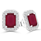 Emerald Red Ruby & Round Diamond Emerald Halo Stud Earrings in White Gold (MDR220071)
