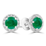 Round Green Emerald & Round Diamond Halo Stud Earrings in White Gold (MDR220095)