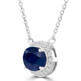 Oval Blue Sapphire & Round Diamond Oval Halo  Necklace in White Gold With Diamond Accent on Chain (MDR220122)