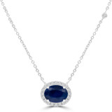 Oval Blue Sapphire & Round Diamond Oval Halo  Necklace in White Gold With Diamond Accent on Chain (MDR220122)