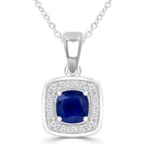 Cushion Blue Sapphire & Round Diamond Claw Prong Cushion Halo Pendant Necklace in White Gold (MDR220157)