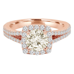 Round Champagne Diamond Split-Shank Halo Engagement Ring in Rose Gold (MD220254)