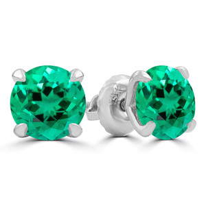 Round Green Emerald Lab Created 4-Prong Stud Earrings in White Gold (MD240061)