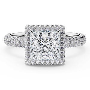 Princess Diamond 4-Prong 3-Row Pave Rollover Halo Engagement Ring in White Gold with Hidden Accents (MVSLG1582-W)