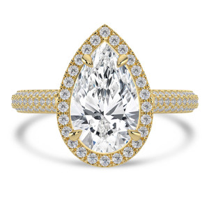 Pear Diamond 4-Prong 3-Row Pave Cathedral Halo Engagement Ring in Yellow Gold (MVSLG1551-Y)