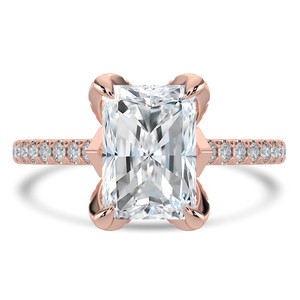 Radiant Diamond Cathedral Solitaire with Accents Engagement Ring in Rose Gold with Pave Diamond Bridge and Prongs (MVSLG1495-R)