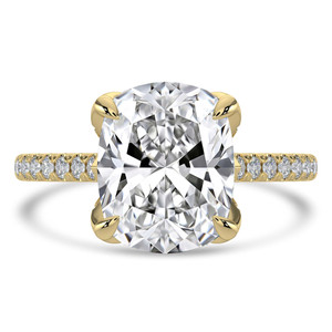 Cushion Diamond Cathedral Solitaire with Accents Engagement Ring in Yellow Gold with Pave Diamond Bridge and Prongs (MVSLG1490-Y)