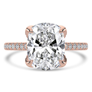 Cushion Diamond Cathedral Solitaire with Accents Engagement Ring in Rose Gold with Pave Diamond Bridge and Prongs (MVSLG1490-R)