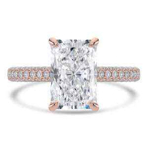 Radiant Diamond Cathedral Double Hidden Halo Three-Row Pave Solitaire with Accents Engagement Ring in Rose Gold (MVSLG1659-R)