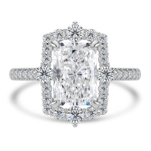 Radiant Diamond Floral Halo Cathedral with Accented Bridge and Basket Halo Engagement Ring in White Gold (MVSLG1660-W)