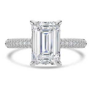 Emerald Diamond Hidden Halo Three Row Pave Solitaire with Accents Engagement Ring in White Gold (MVSLG1692-W)