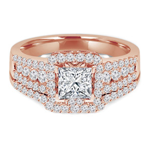 Princess Lab Created Diamond Three-Row Square Halo Engagement Ring and Wedding Band Set Ring in Rose Gold (MVSLG1111-R)