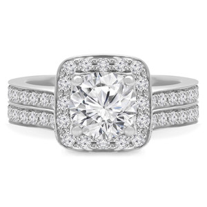 Round Lab Created Diamond Cathedral Cushion Solitaire with Accents Engagement Ring and Wedding Band Set Ring in White Gold (MVSLG1165-W)