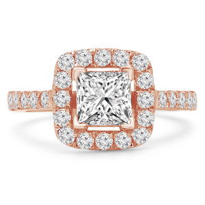 Princess Lab Created Diamond Cathedral Open Bridge V-Prong Cushion Halo Engagement Ring in Rose Gold (MVSLG1171-R)