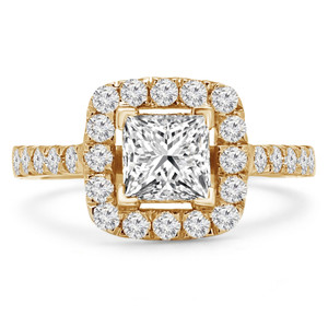 Princess Lab Created Diamond Cathedral Open Bridge V-Prong Cushion Halo Engagement Ring in Yellow Gold (MVSLG1171-Y)