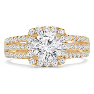Round Lab Created Diamond Three-Row Split-Shank Cathedral Cushion Halo Engagement Ring in Yellow Gold (MVSLG1203-Y)