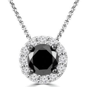 Round Black Diamond Halo Pendant Necklace in White Gold (MDR130011)
