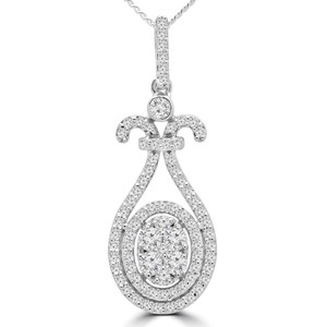Round Diamond Double Halo Oval Cluster Pendant Necklace in White Gold (MDR190032)
