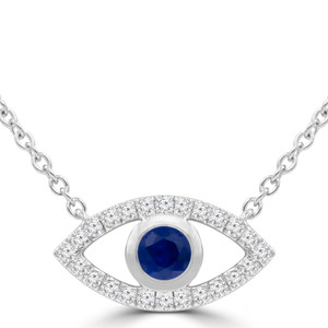 Round Blue Sapphire & Round Diamond Evil Eye Marquise Halo Necklace in White Gold (MDR220167)