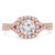 Round Lab Created Diamond Twisted Split-Shank Cathedral Diamond Bridge Cushion Halo Engagement Ring in Rose Gold (MVSLG1161-R)