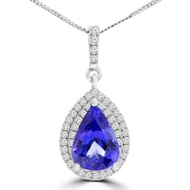 Pear Blue Tanzanite & Round Diamond Double Pear Halo Pendant Necklace in White Gold (MD210070)