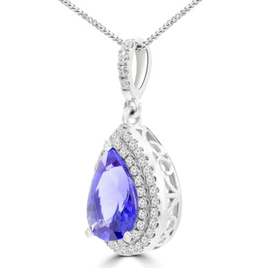 Pear Blue Tanzanite & Round Diamond Double Pear Halo Pendant Necklace in White Gold (MD210070)