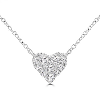 Round Diamond Halo Cluster Heart Pendant Necklace in White Gold (MD250336)