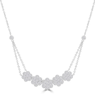 Round Diamond Floral Halo Necklace in White Gold 18 inch (MD210221)