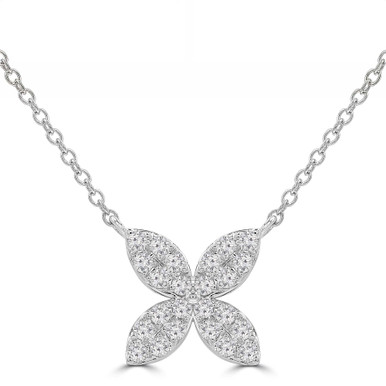Round Diamond Pave Floral Flower Necklace in White Gold (MD250339)