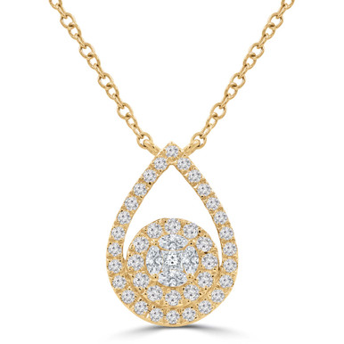 Round Diamond Teardrop Cluster Halo Necklace in Yellow Gold (MD250368)