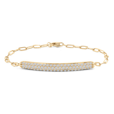 Round Lab Created Diamond  Dome Bar Chain Bracelet in Yellow Gold with Paperclip Links (MD250322)