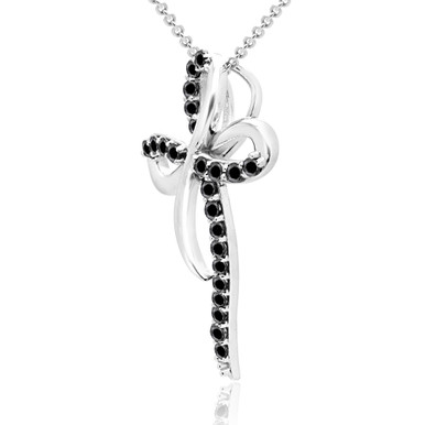 Round Black Diamond Clover Cross Pendant Necklace in White Gold (MD200247)