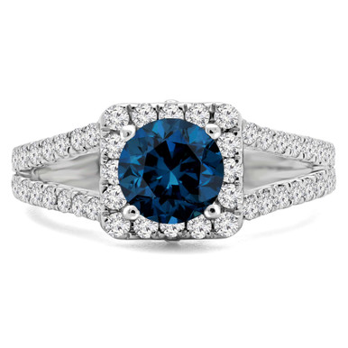 Round Blue Diamond Cushion Halo Engagement Ring in White Gold (MD180561)