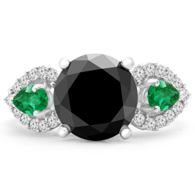 Round Black Diamond Vintage Three-Stone Engagement Ring in White Gold (MD180143)