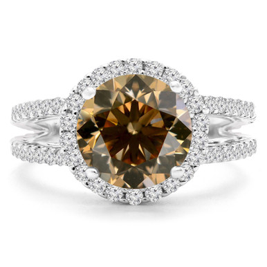 Round Champagne Diamond Halo Engagement Ring in White Gold (MD180123)