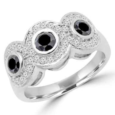 Round Black Diamond Halo Three-Stone Engagement Ring in White Gold (MD170094)