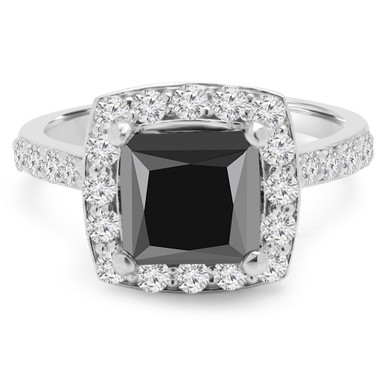 Princess Black Diamond Cathedral Cushion Halo Engagement Ring in White Gold With accents (MD210291)
