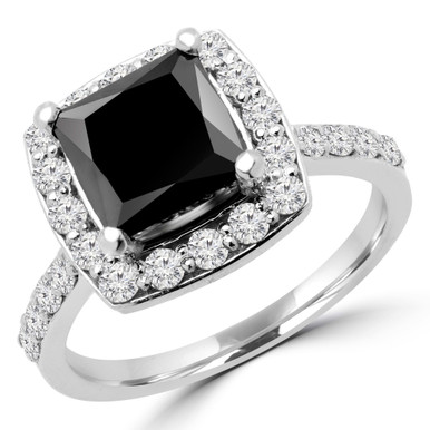 Princess Black Diamond Cathedral Cushion Halo Engagement Ring in White Gold With accents (MD210291)