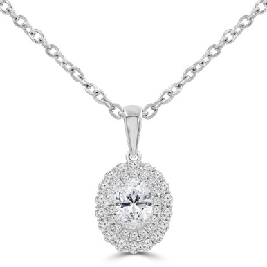 Oval Diamond Double Halo Solitaire with Accents Pendant Necklace in White Gold (MD250344)