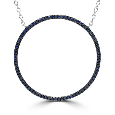 Round Blue Sapphire Circle Necklace in White Gold (MD190330)
