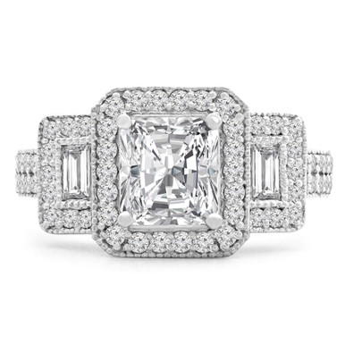Radiant Diamond Halo Three-Stone Engagement Ring in White Gold (MD180570)