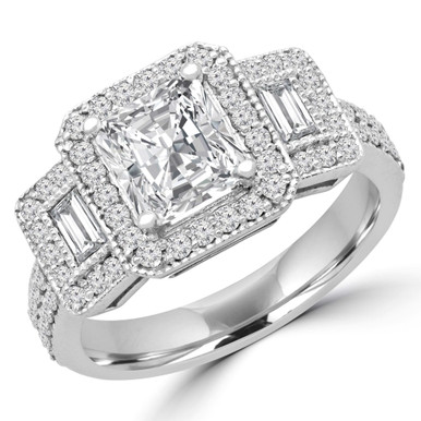 Radiant Diamond Halo Three-Stone Engagement Ring in White Gold (MD180570)