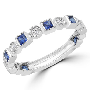 Princess Blue Tanzanite & Round Diamond Vintage Milgrain Semi-Eternity Anniversary Wedding Band Ring in White Gold (MD190318)