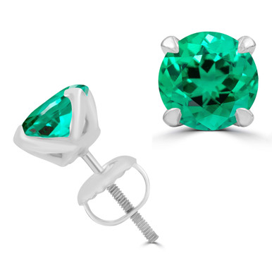 Round Green Emerald Lab Created 4-Prong Stud Earrings in White Gold (MD240061)