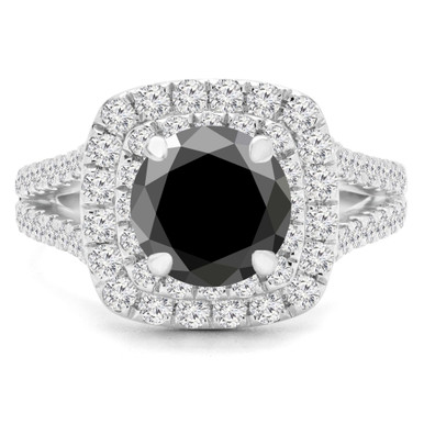 Round Black Diamond Split-shank Double Cushion Halo Engagement Ring in White Gold with Accents (MD240144)