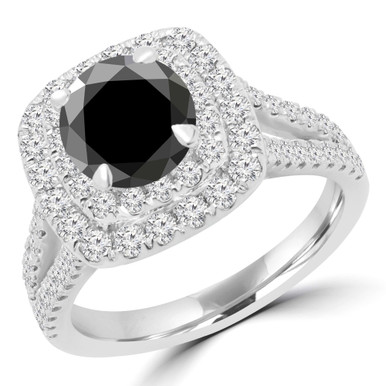Round Black Diamond Split-shank Double Cushion Halo Engagement Ring in White Gold with Accents (MD240144)