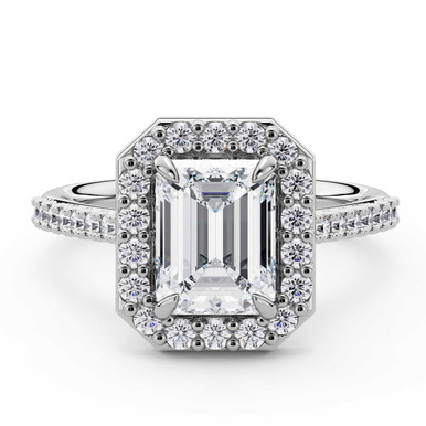 Emerald Diamond 4-Prong Accented Crossover Bridge Halo Engagement Ring in White Gold (MVSLG1587-W)