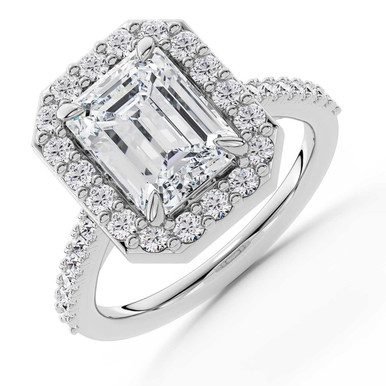 Emerald Diamond 4-Prong Accented Crossover Bridge Halo Engagement Ring in White Gold (MVSLG1587-W)