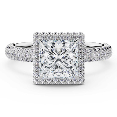 Princess Diamond 4-Prong 3-Row Pave Rollover Halo Engagement Ring in White Gold with Hidden Accents (MVSLG1582-W)